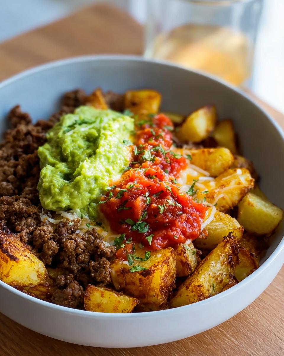 A close-up of a Schnelle Kartoffel Taco Bowl Meal Prep, featuring seasoned potatoes, ground meat, guacamole, and salsa.