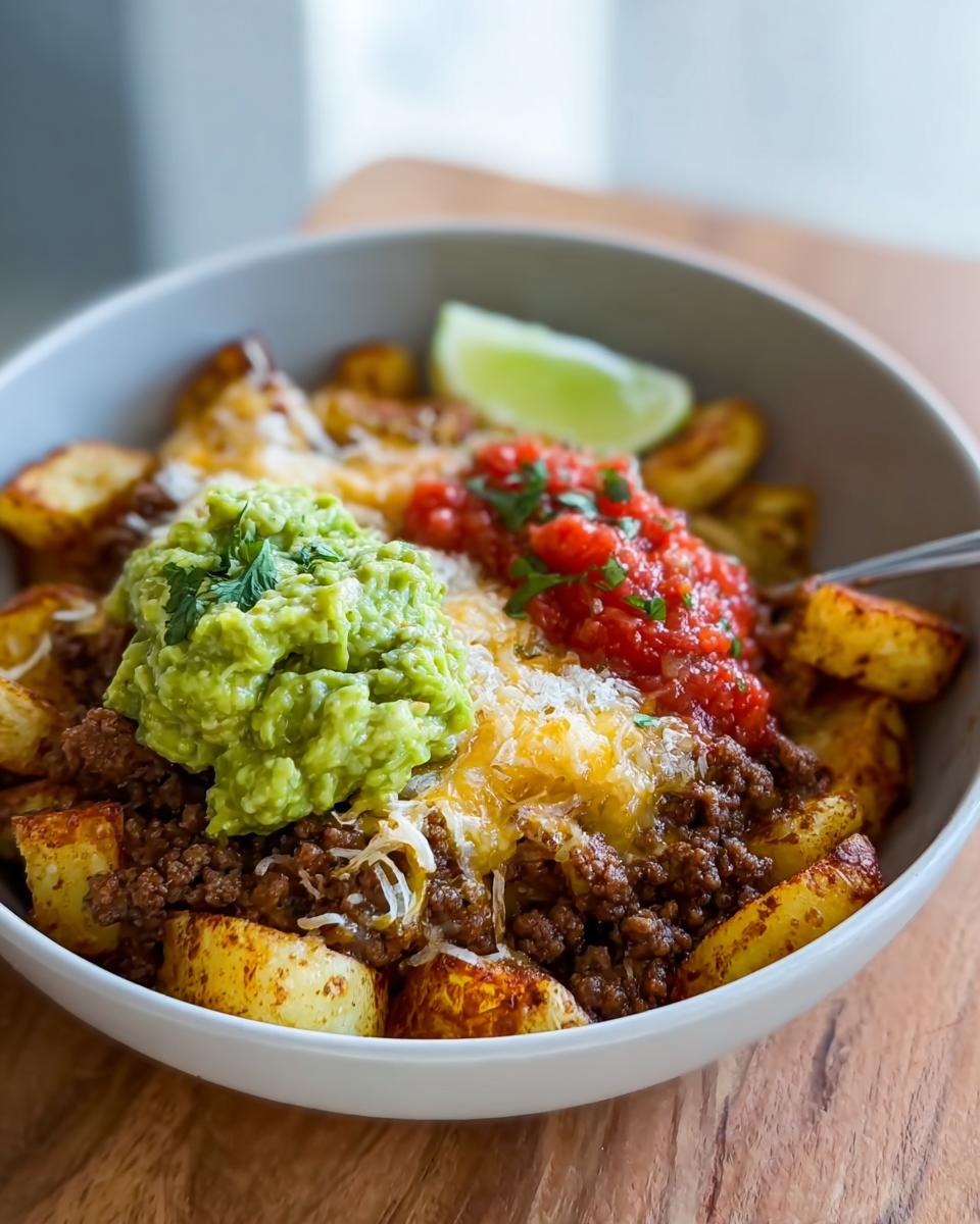 A bowl of Schnelle Kartoffel Taco Bowl Meal Prep, featuring roasted potatoes, seasoned ground beef, melted cheese, guacamole, salsa, and a lime wedge.