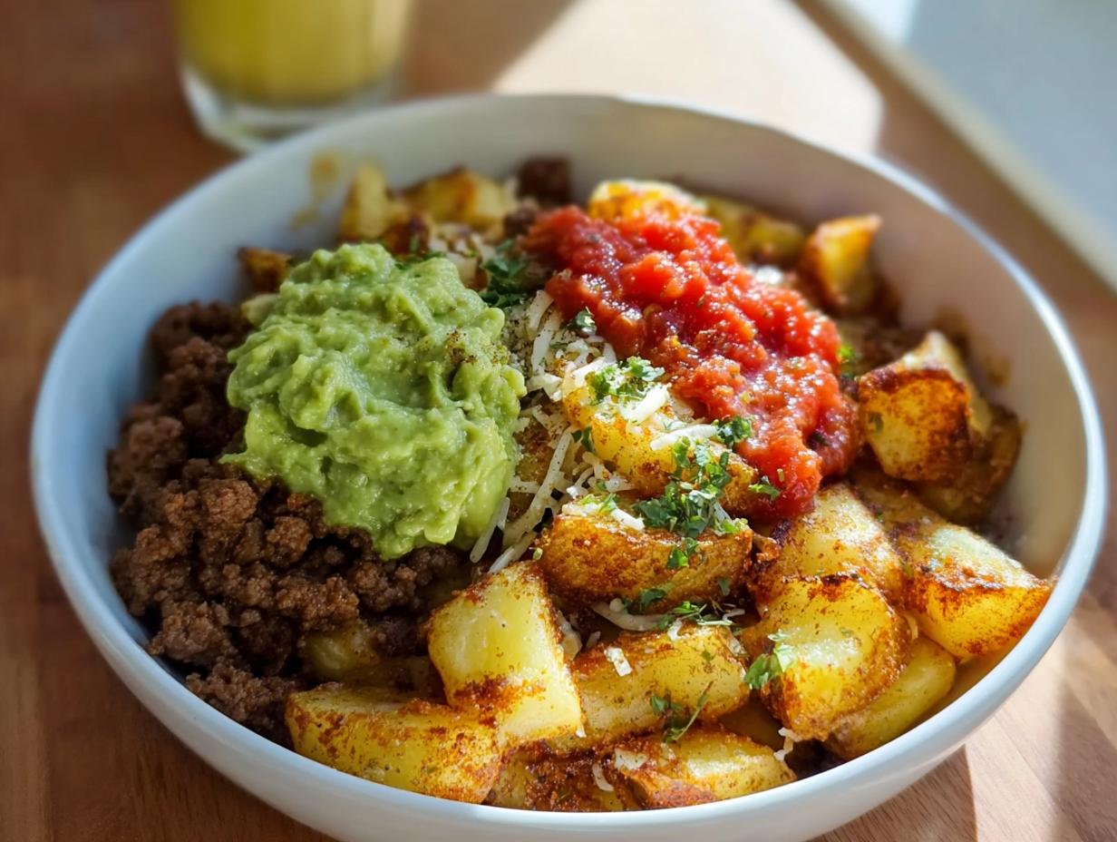 A close-up of a Schnelle Kartoffel Taco Bowl Meal Prep featuring seasoned potatoes, ground meat, guacamole, and salsa.