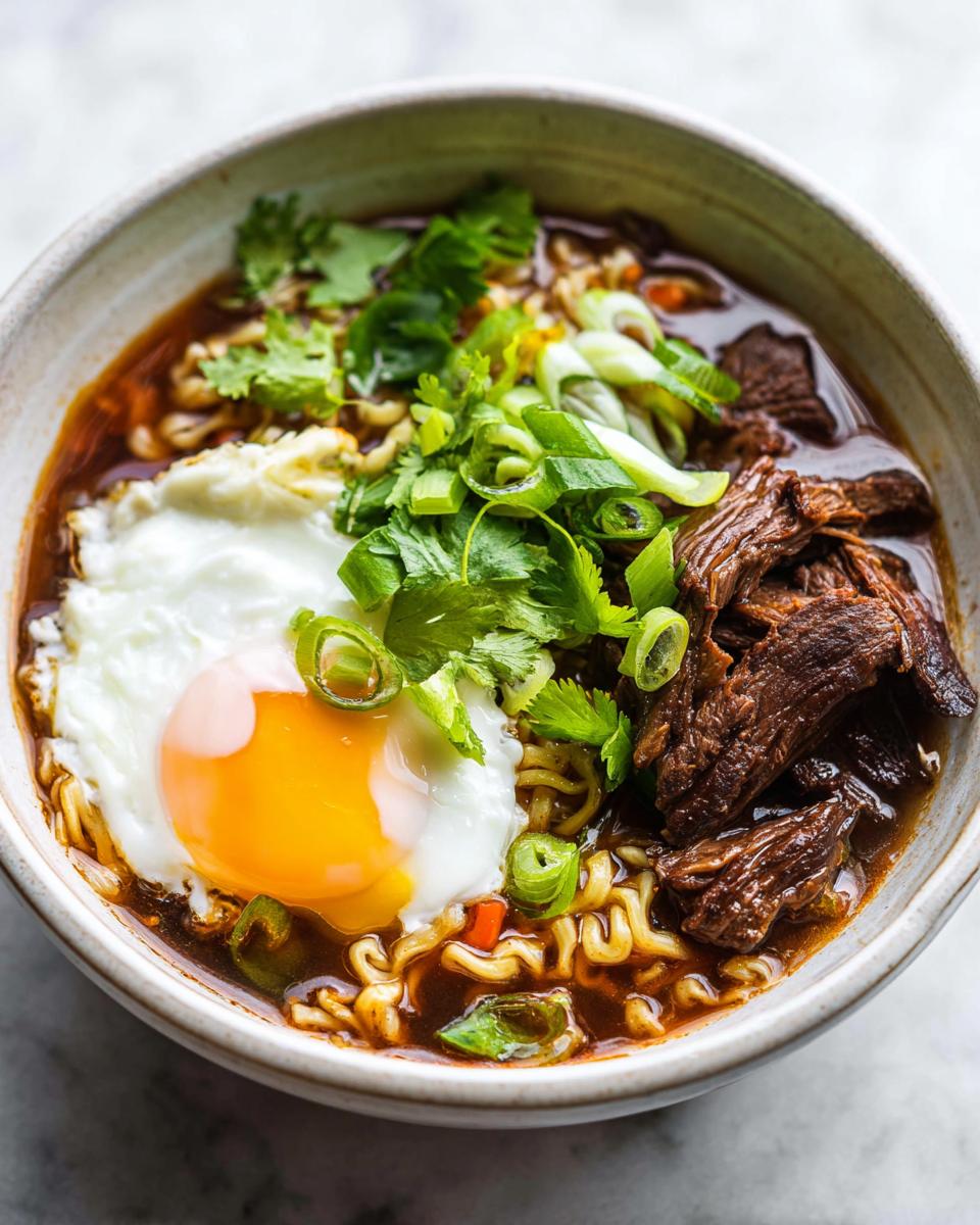 A bowl of Slow Cooker Beef Ramen Noodles topped with a fried egg, shredded beef, green onions, and cilantro.