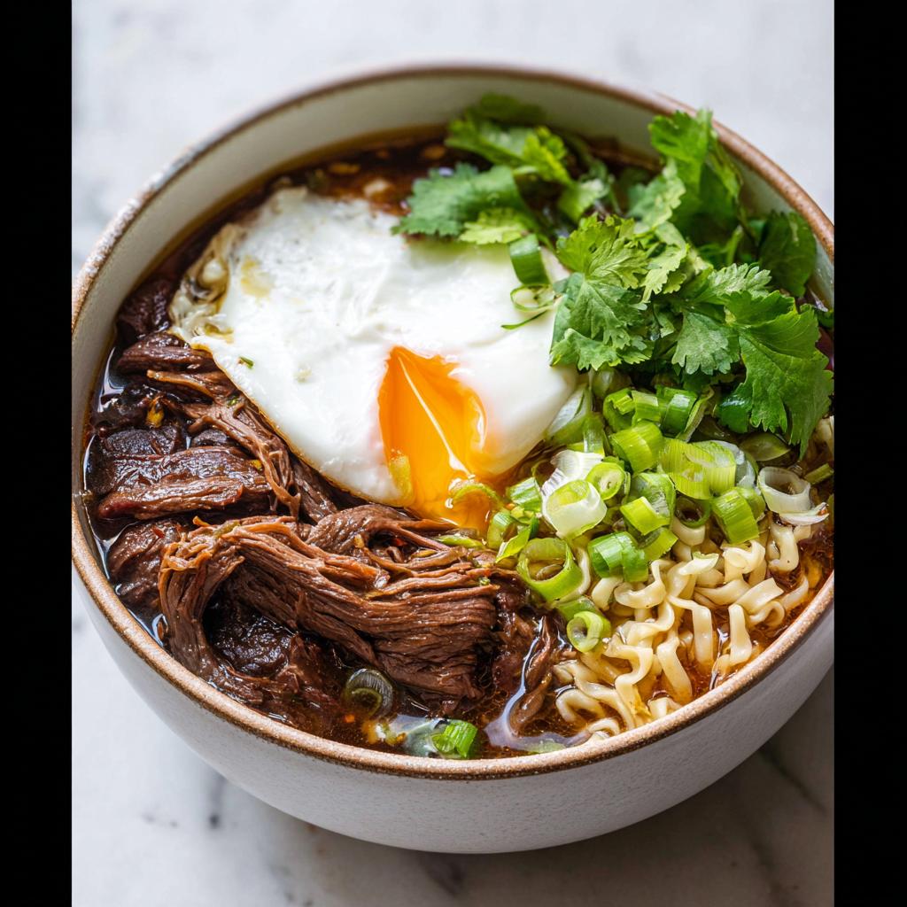 A bowl of Slow Cooker Beef Ramen Noodles topped with a fried egg, green onions, and cilantro.