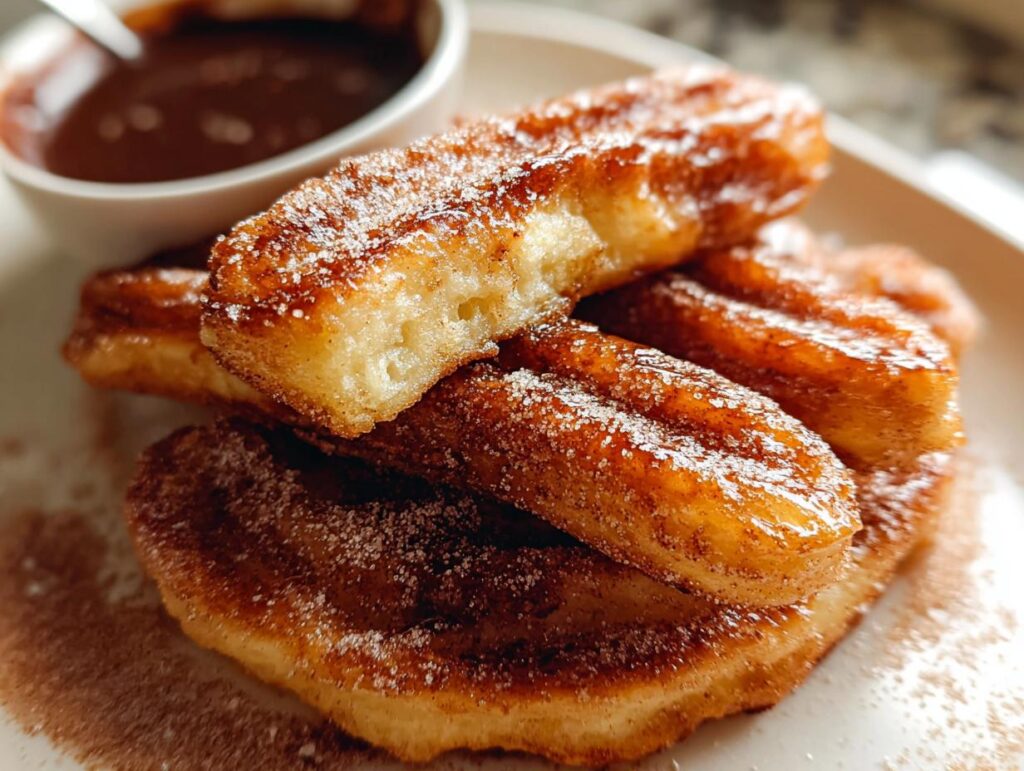 Close-up of Irresistible Spanish Churro Pancakes dusted with cinnamon sugar and served with a side of chocolate dipping sauce.
