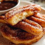 Close-up of Irresistible Spanish Churro Pancakes dusted with cinnamon sugar and served with a side of chocolate dipping sauce.