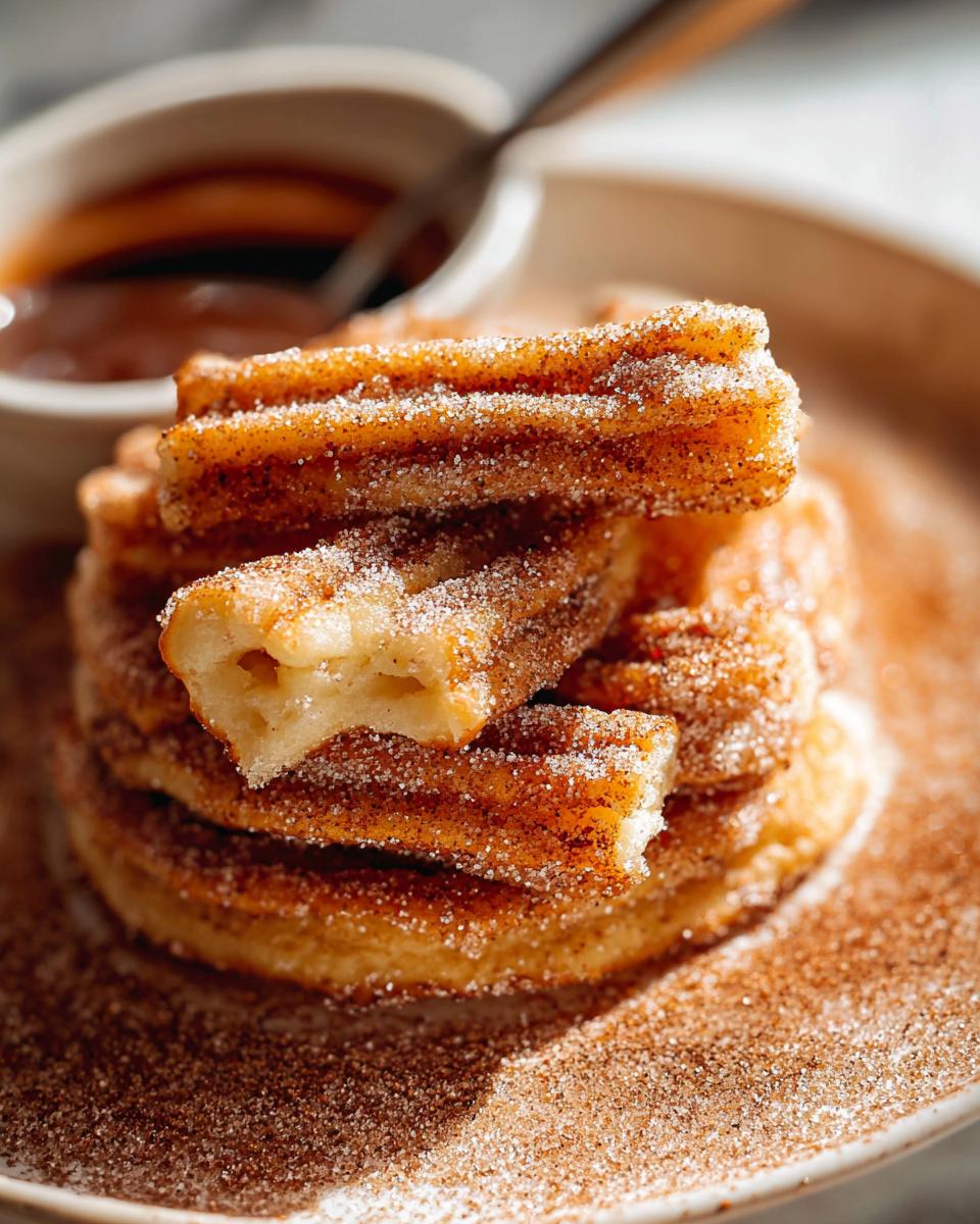 A stack of Irresistible Spanish Churro Pancakes coated in cinnamon sugar, with a bite taken out of the top one.