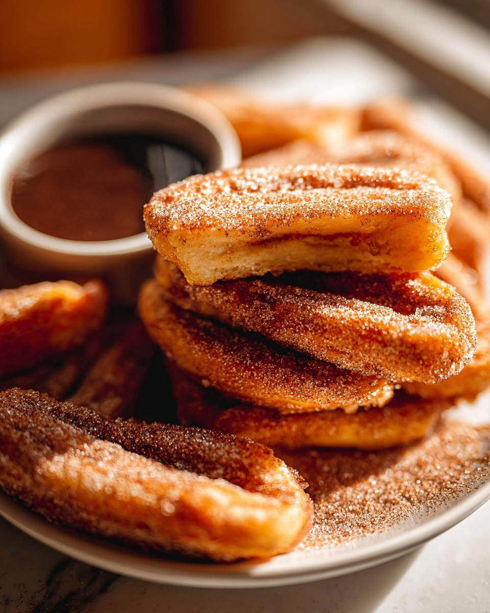 A close-up stack of Irresistible Spanish Churro Pancakes, coated in cinnamon sugar, with a side of chocolate dipping sauce.