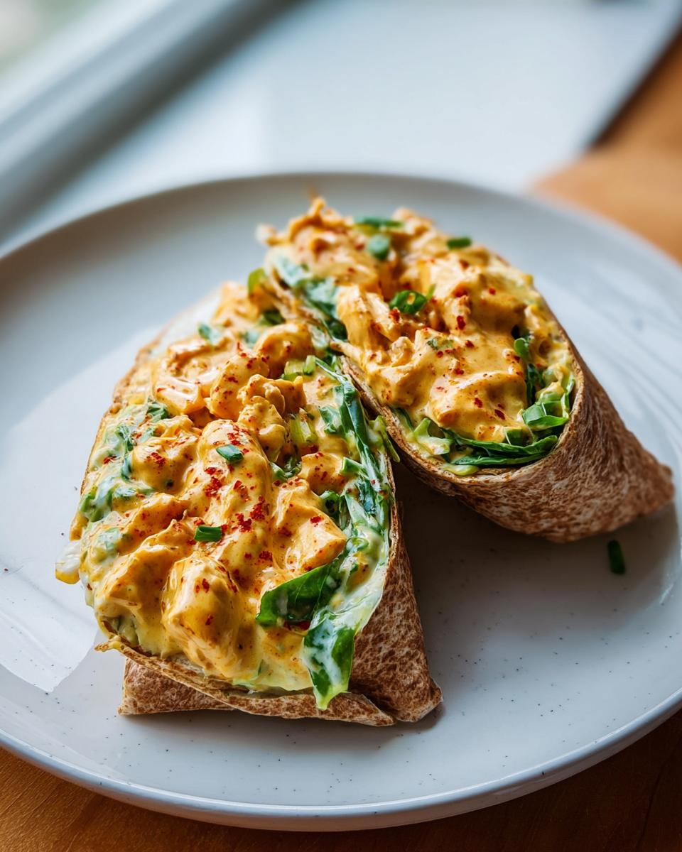 Two halves of a Spicy Buffalo Chicken Wrap on a white plate, filled with shredded chicken and greens.