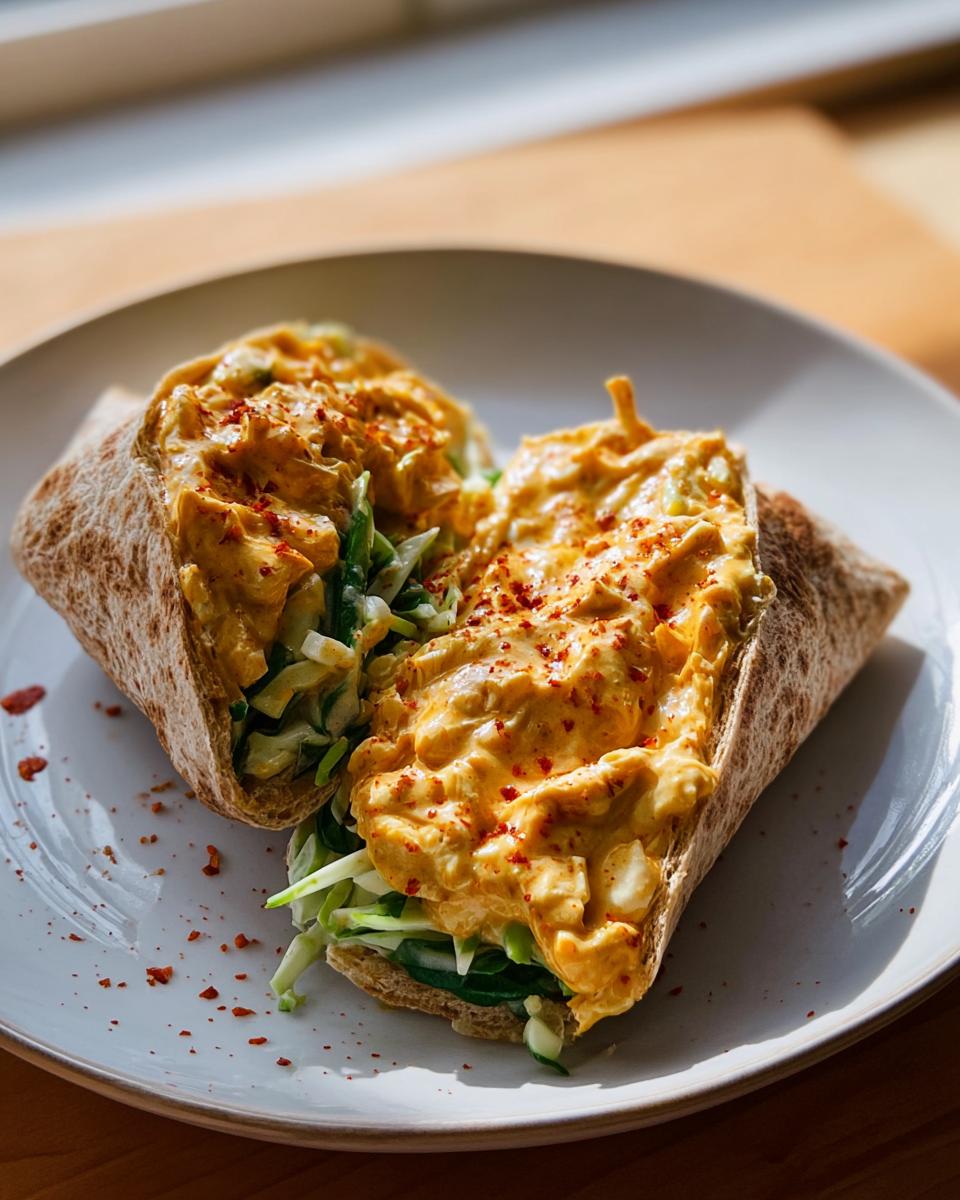 A close-up of two halves of a Spicy Buffalo Chicken Wrap, filled with creamy chicken and fresh greens, sprinkled with red pepper flakes.