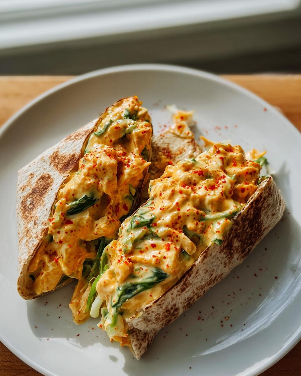 Two halves of Spicy Buffalo Chicken Wraps filled with creamy chicken and greens, sprinkled with paprika.