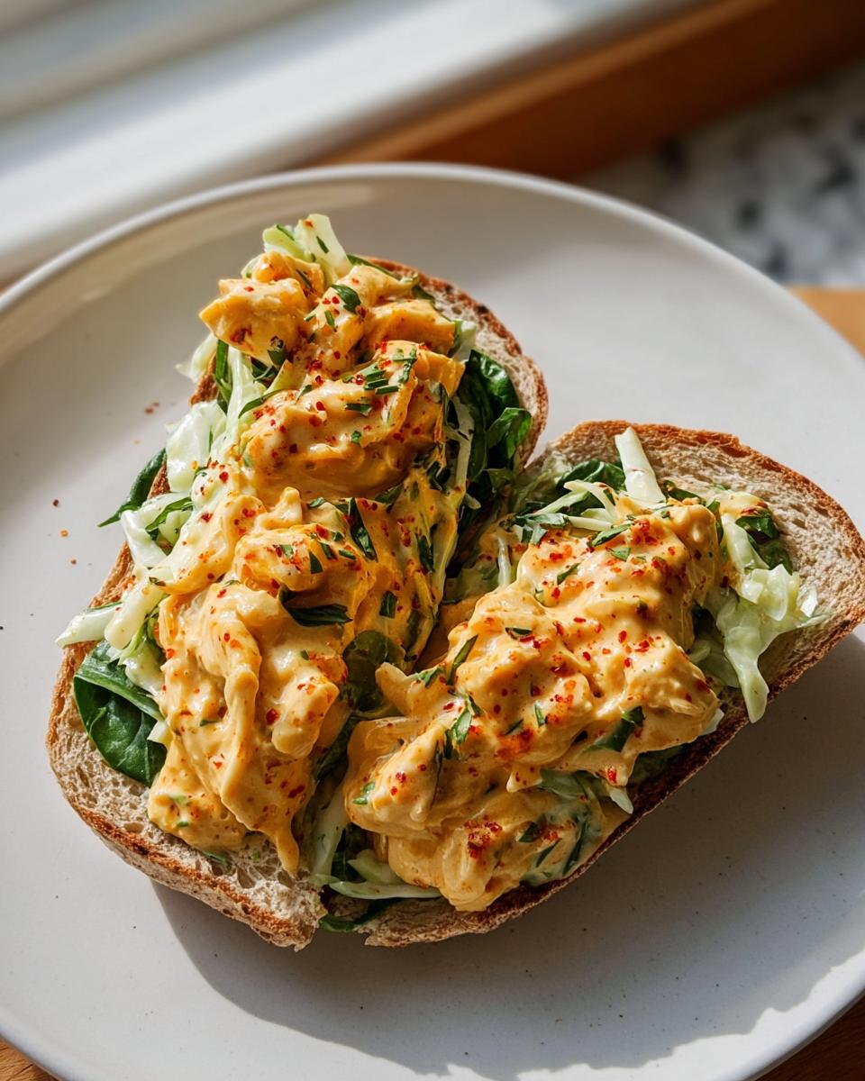 Close-up of Spicy Buffalo Chicken Wraps for Two, showing shredded chicken in a creamy orange sauce on whole wheat bread with shredded lettuce.