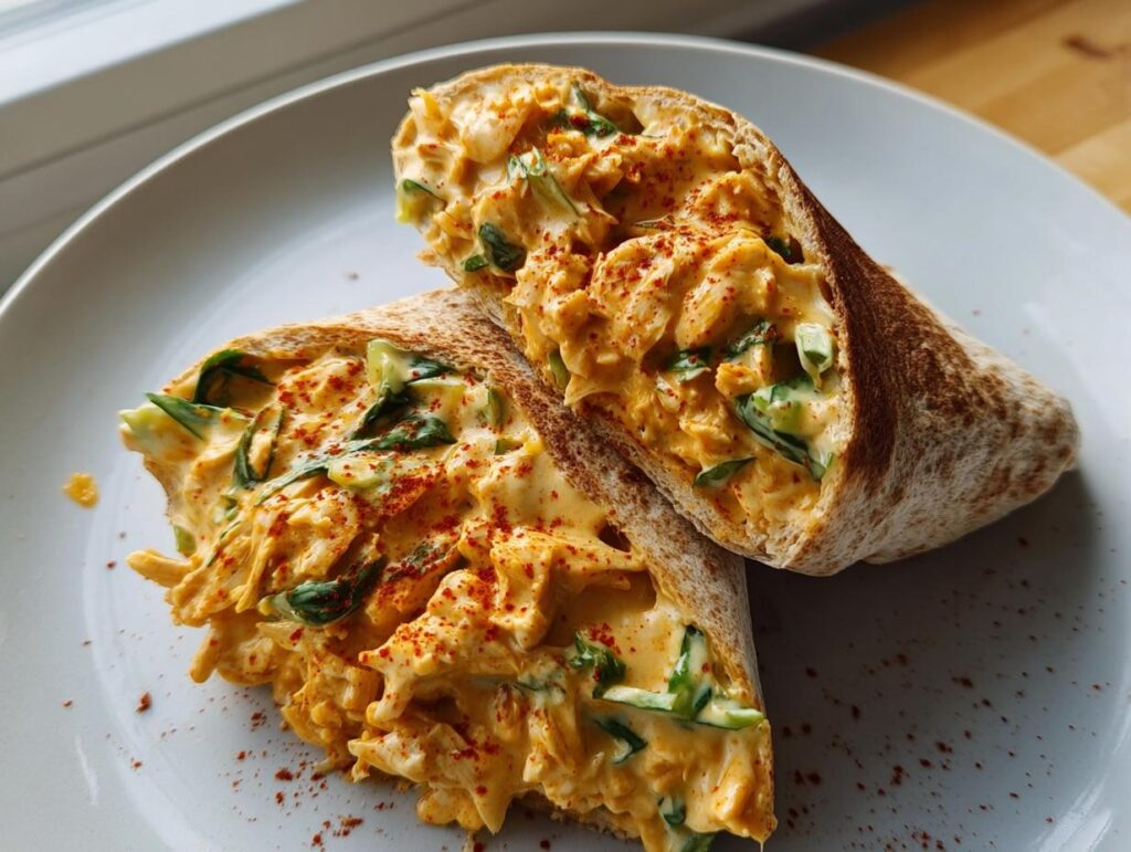 A close-up view of two halves of a Spicy Buffalo Chicken Wrap, filled with creamy chicken and greens, sprinkled with paprika.