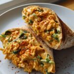 A close-up view of two halves of a Spicy Buffalo Chicken Wrap, filled with creamy chicken and greens, sprinkled with paprika.
