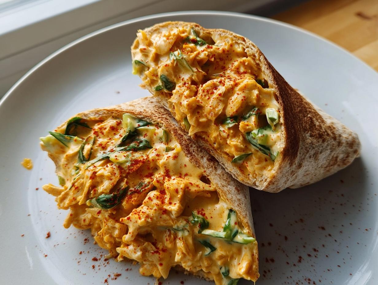 A close-up view of two halves of a Spicy Buffalo Chicken Wrap, filled with creamy chicken and greens, sprinkled with paprika.