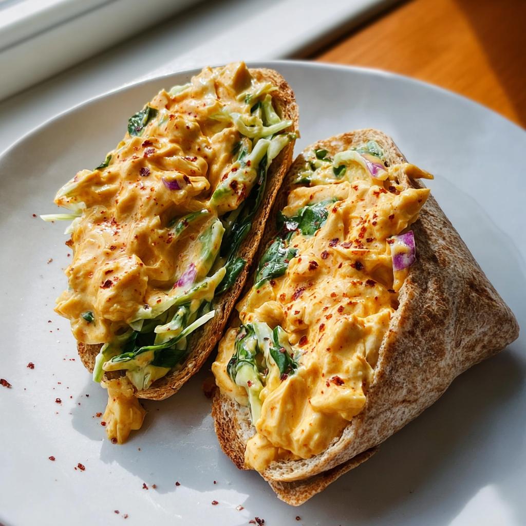 Two halves of Spicy Buffalo Chicken Wraps for Two, filled with shredded chicken, creamy sauce, and greens.