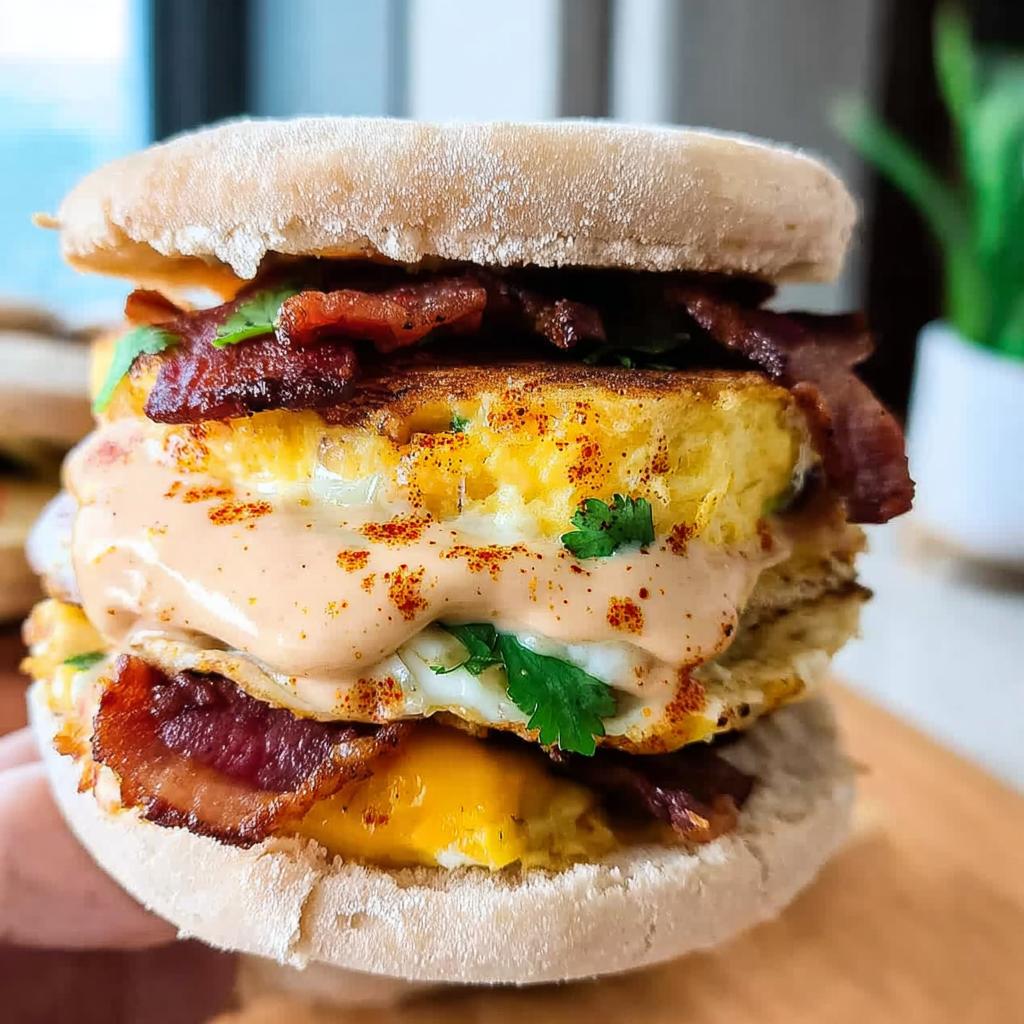 A close-up of a Spicy Chipotle Egg Breakfast Sandwich with crispy bacon, melted cheese, and a creamy sauce.