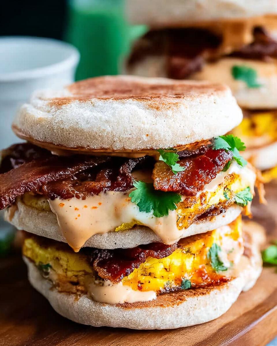 A stack of Spicy Chipotle Egg Breakfast Sandwiches with bacon, egg, cheese, and cilantro on a wooden board.