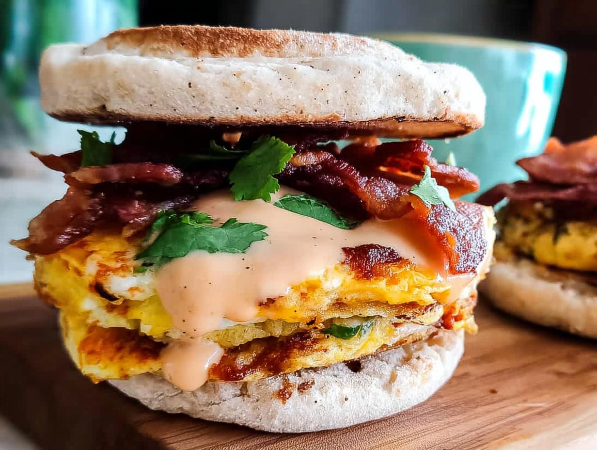 A close-up of a delicious Spicy Chipotle Egg Breakfast Sandwich stacked high with bacon and sauce.