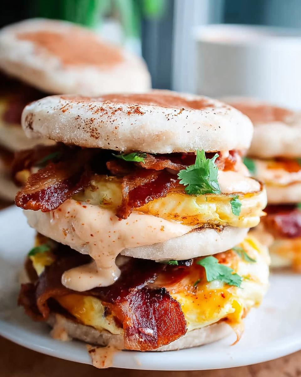 Close-up of a stack of Spicy Chipotle Egg Breakfast Sandwiches with bacon, egg, and sauce.