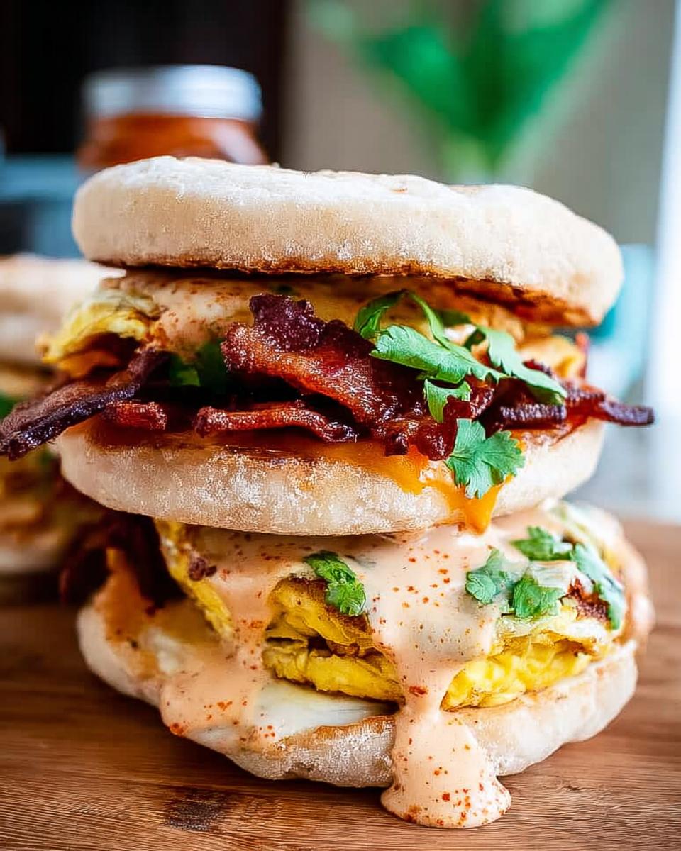 A stack of two Spicy Chipotle Egg Breakfast Sandwiches on a wooden board, drizzled with sauce and topped with bacon and cilantro.