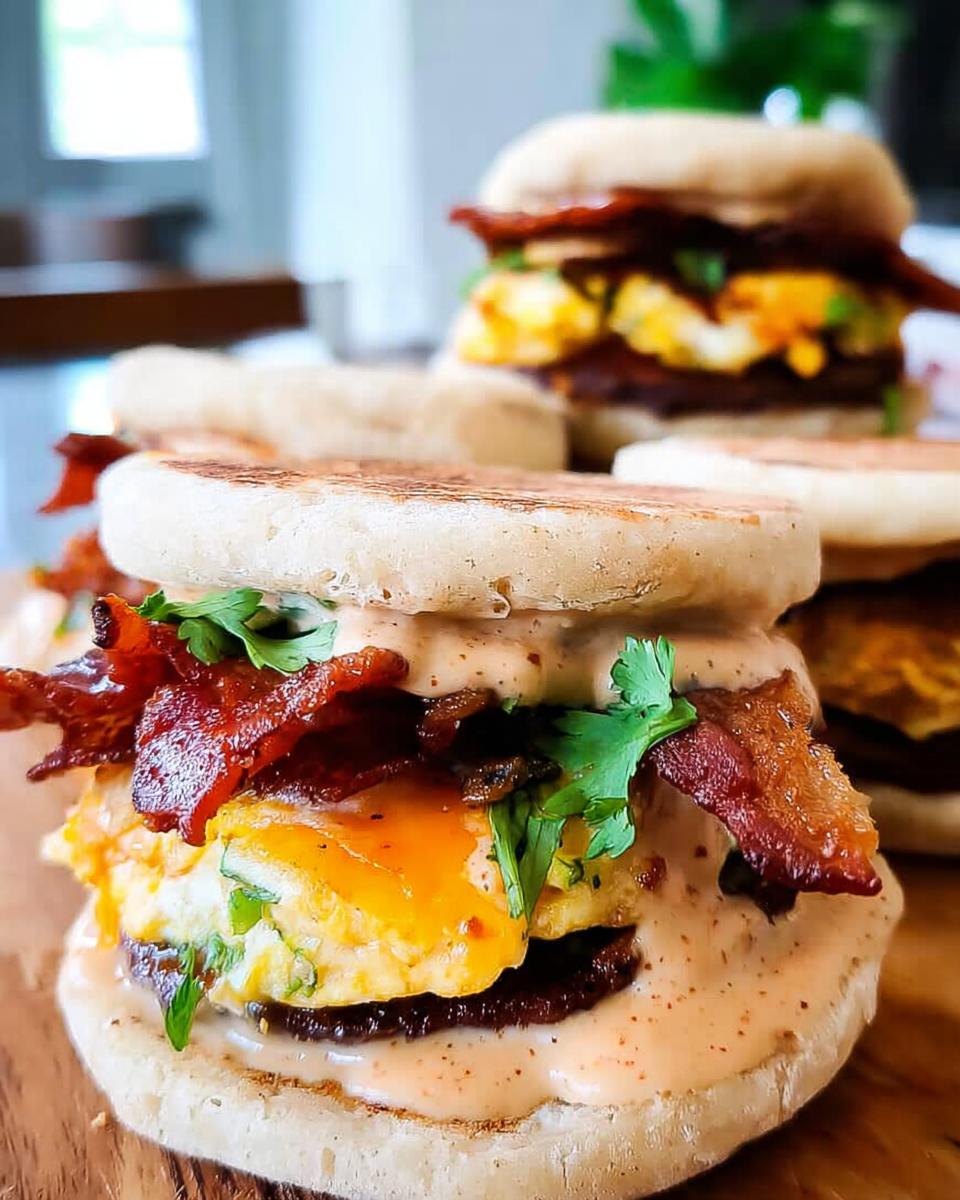 Close-up of a Spicy Chipotle Egg Breakfast Sandwich with crispy bacon, scrambled eggs, and cilantro on an English muffin.