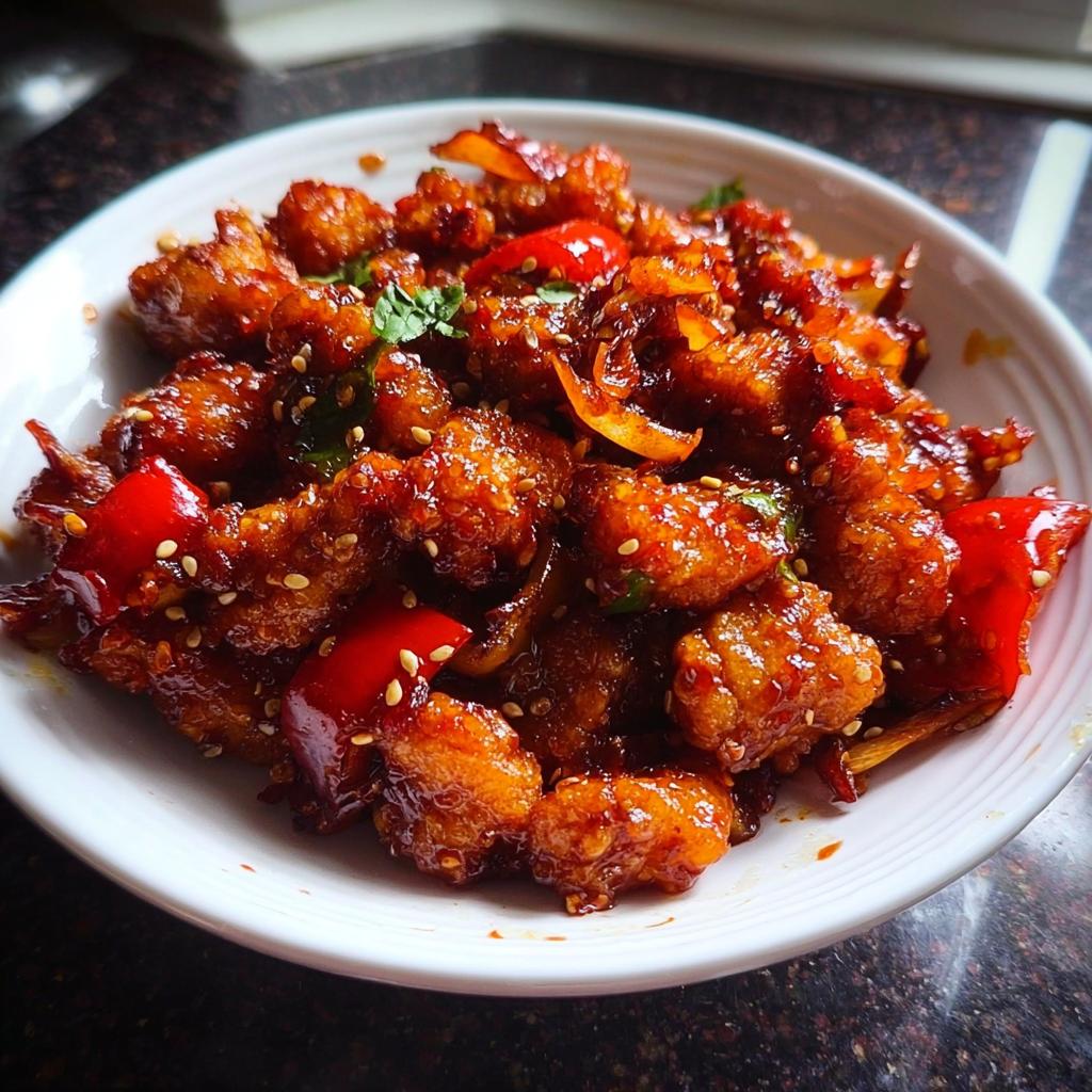 A close-up of Spicy Dragon Chicken, featuring crispy fried chicken pieces coated in a glossy, spicy sauce with red bell peppers and sesame seeds.