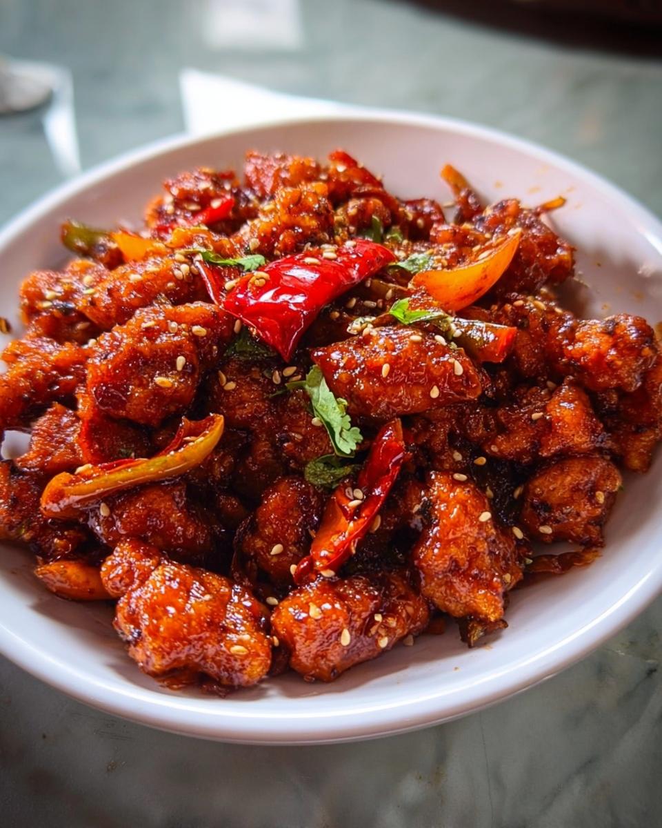 A close-up of Spicy Dragon Chicken, featuring crispy fried chicken pieces coated in a glossy, spicy sauce with red chilies and sesame seeds.
