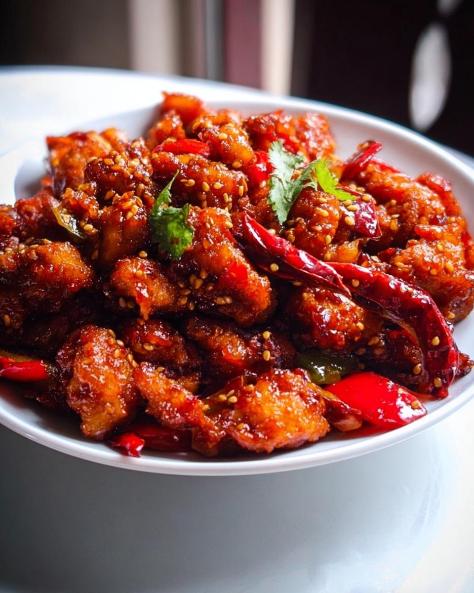 Close-up of Spicy Dragon Chicken, featuring crispy fried chicken pieces coated in a glossy, spicy sauce with dried chilies and sesame seeds.