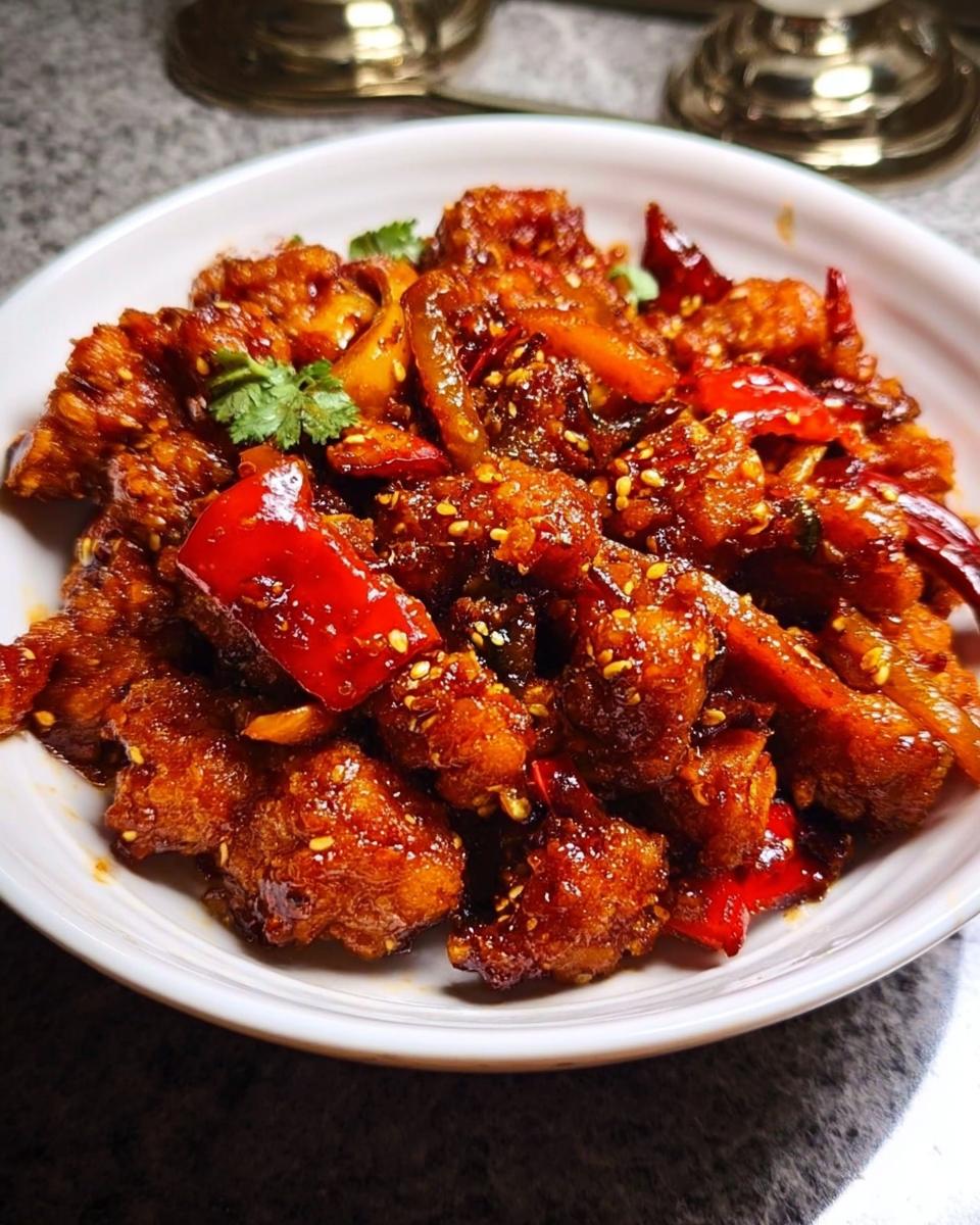 A close-up of Spicy Dragon Chicken, featuring crispy fried chicken pieces coated in a glossy, spicy sauce with red peppers and sesame seeds.