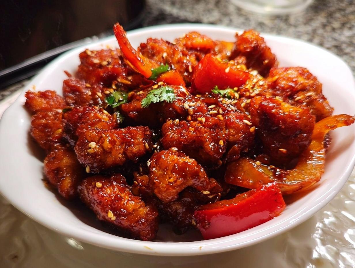 A bowl of Spicy Dragon Chicken, featuring crispy fried chicken pieces coated in a glossy, spicy sauce with red bell peppers and sesame seeds.