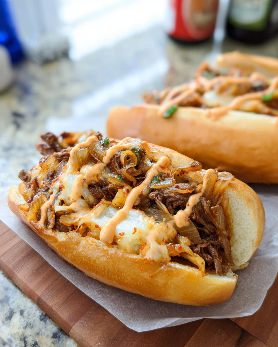 A close-up of a delicious Spicy Kimchi Bulgogi Cheesesteak sandwich, overflowing with meat, cheese, and a spicy sauce.