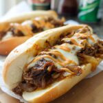 A delicious Spicy Kimchi Bulgogi Cheesesteak sandwich overflowing with meat, onions, and melted cheese, drizzled with sauce.