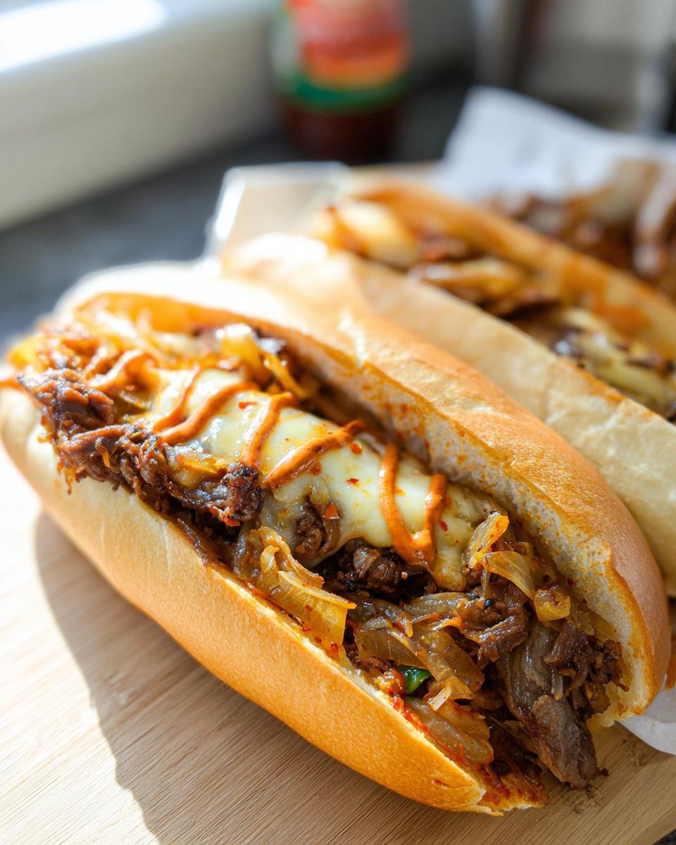 A close-up of a Spicy Kimchi Bulgogi Cheesesteak sandwich filled with tender bulgogi, melted cheese, and kimchi.