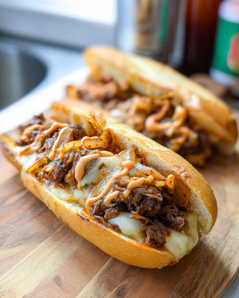 Close-up of a delicious Spicy Kimchi Bulgogi Cheesesteak sandwich on a wooden board, filled with tender beef, melted cheese, and onions.