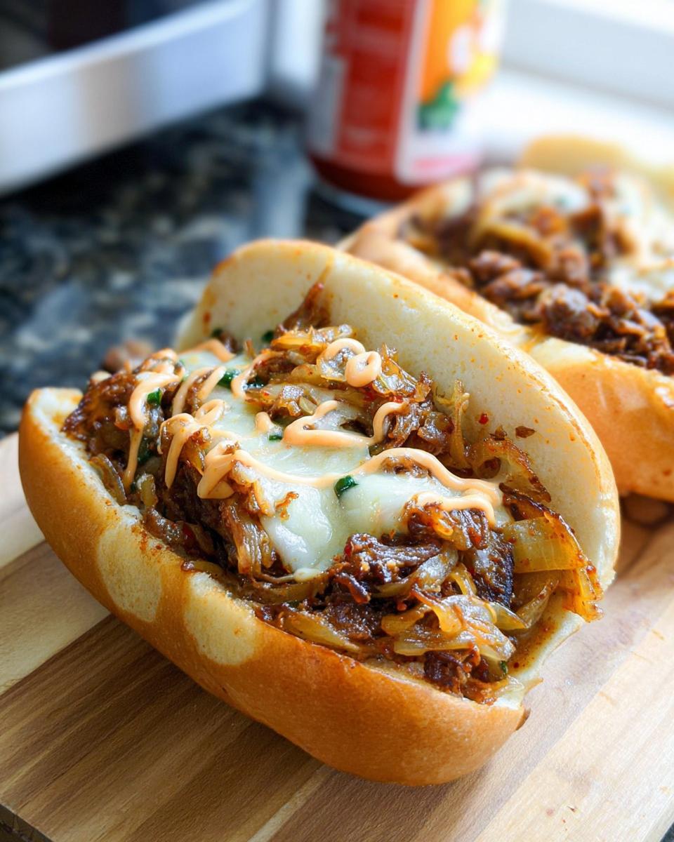 A close-up of a Spicy Kimchi Bulgogi Cheesesteak sandwich on a wooden board, with melted cheese and a drizzle of sauce.
