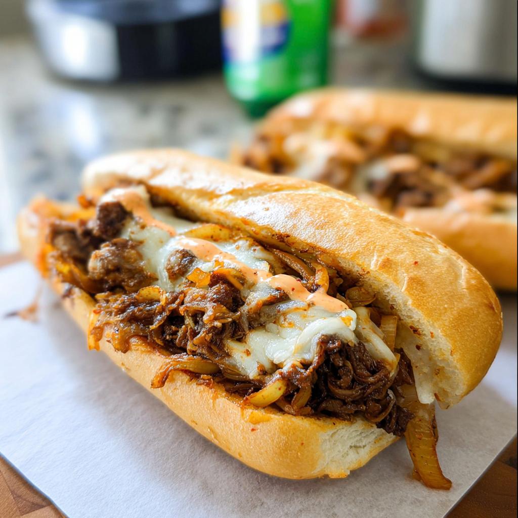A close-up of a delicious Spicy Kimchi Bulgogi Cheesesteak sandwich, overflowing with savory meat, melted cheese, and onions.