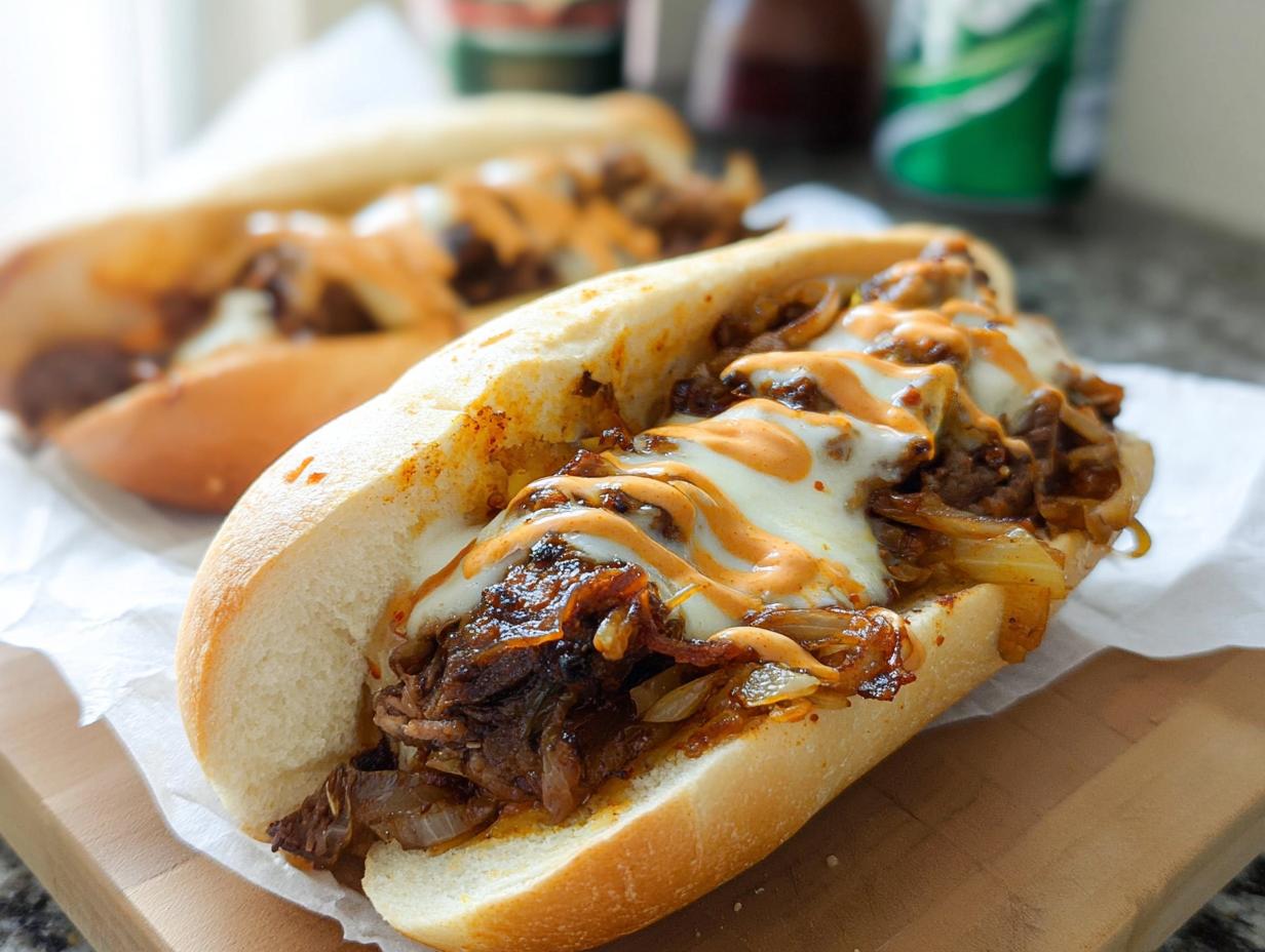 A delicious Spicy Kimchi Bulgogi Cheesesteak sandwich overflowing with meat, onions, and melted cheese, drizzled with sauce.