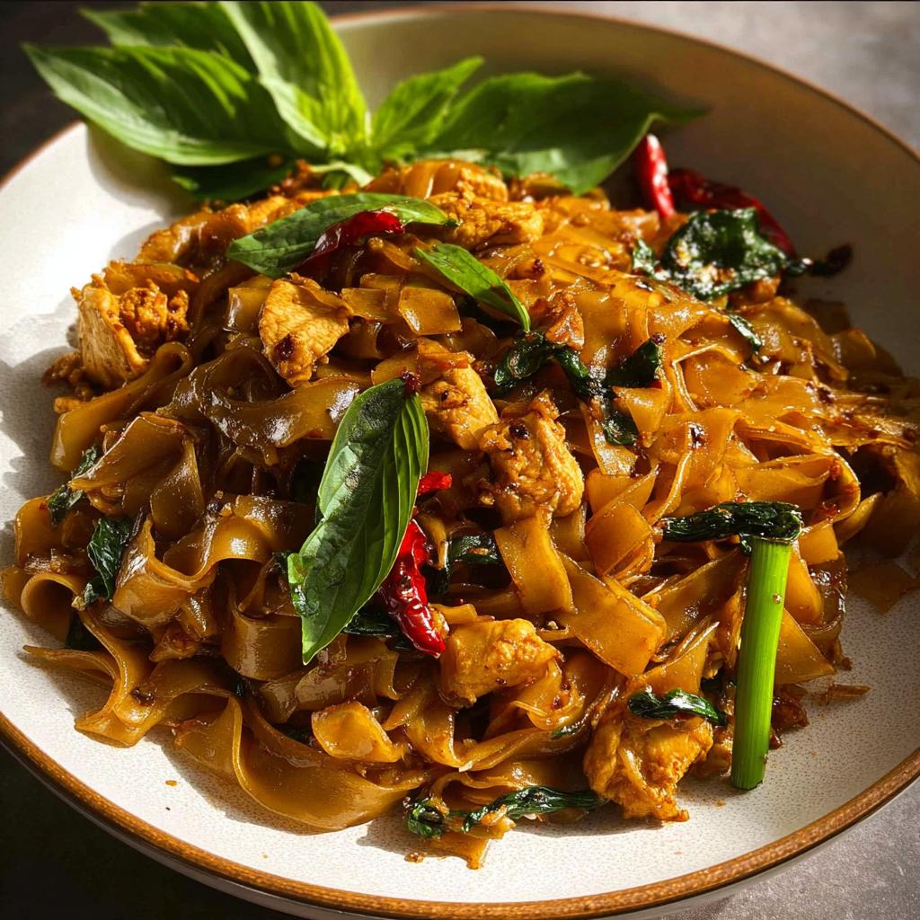 A close-up of delicious Street Style Thai Drunken Noodles with tender chicken pieces, fresh basil, and red chilies.