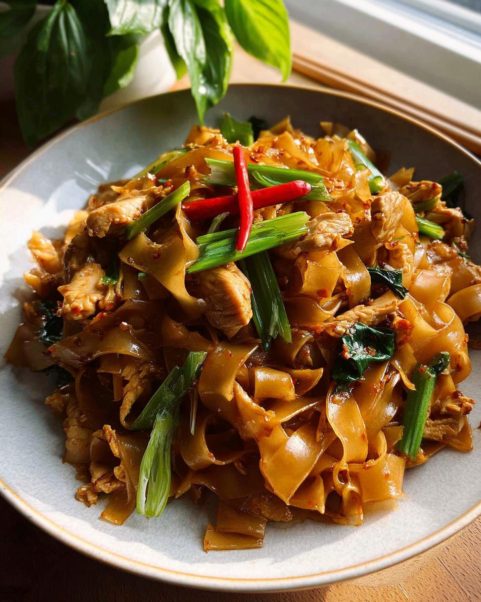 Close-up of a bowl of Street Style Thai Drunken Noodles with chicken, chili peppers, and green onions.