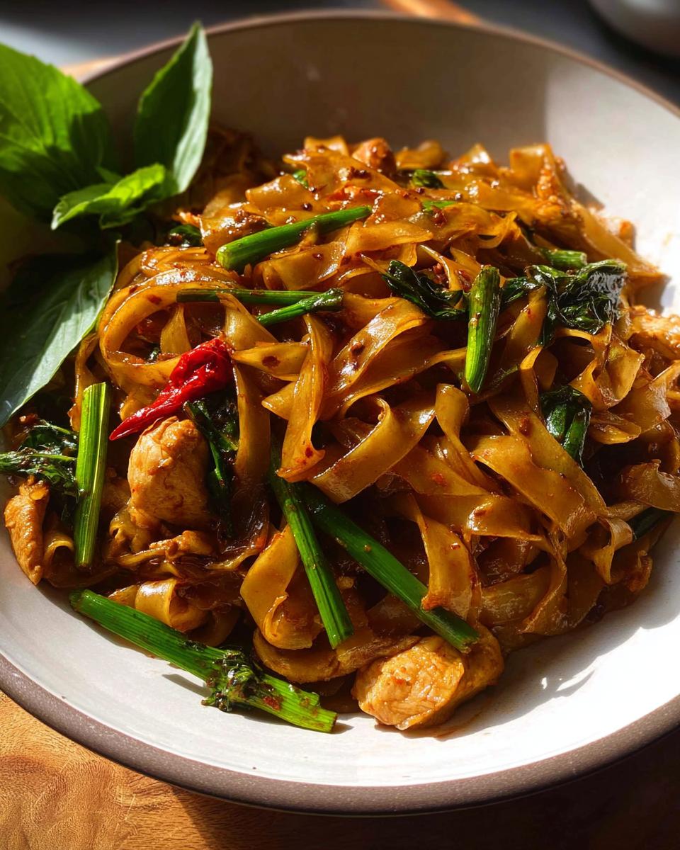 A close-up of a bowl of Street Style Thai Drunken Noodles with wide rice noodles, chicken, green onions, and red chilies.