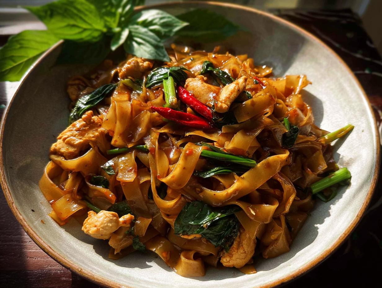 A close-up of a bowl of Street Style Thai Drunken Noodles with wide rice noodles, chicken, basil, and chili peppers.