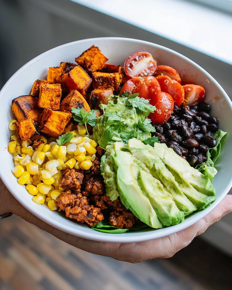A vibrant Sweet Potato Taco Bowl filled with roasted sweet potatoes, black beans, corn, avocado, tomatoes, and seasoned ground meat.