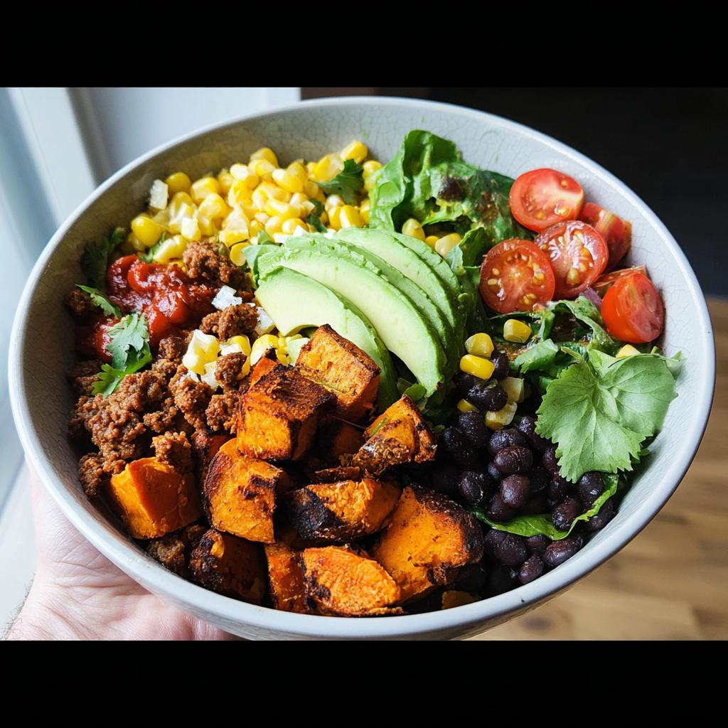 A vibrant Sweet Potato Taco Bowl filled with seasoned ground meat, roasted sweet potatoes, black beans, corn, avocado, and tomatoes.