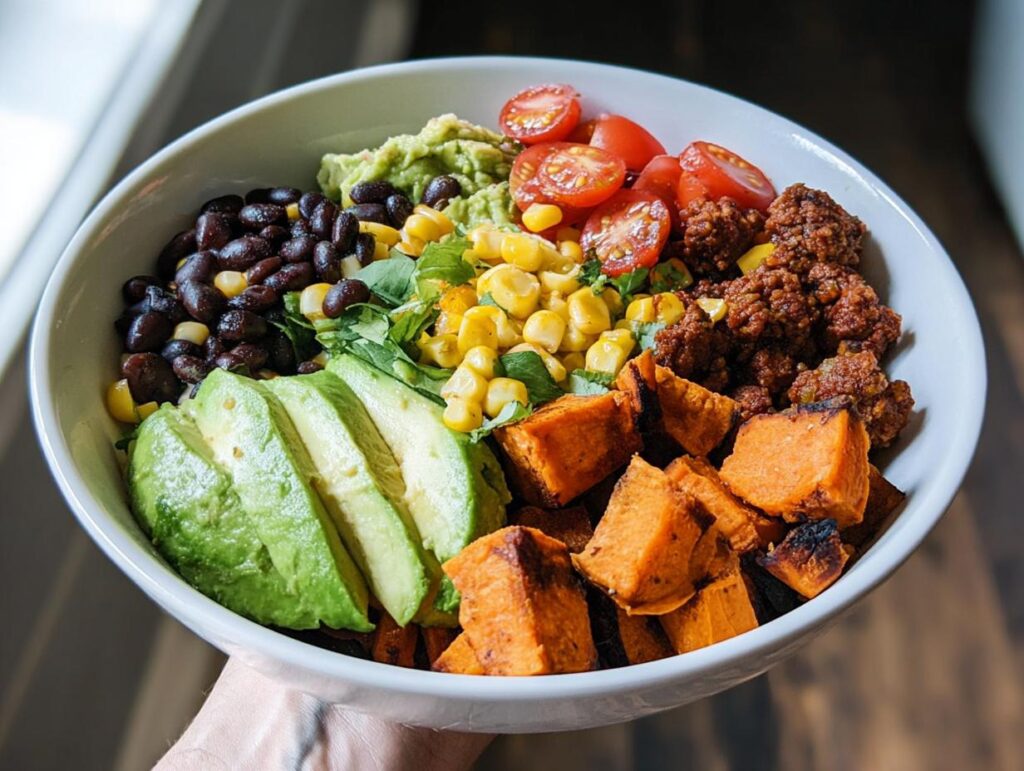 A vibrant and healthy Sweet Potato Taco Bowl filled with roasted sweet potatoes, black beans, corn, avocado, and tomatoes.