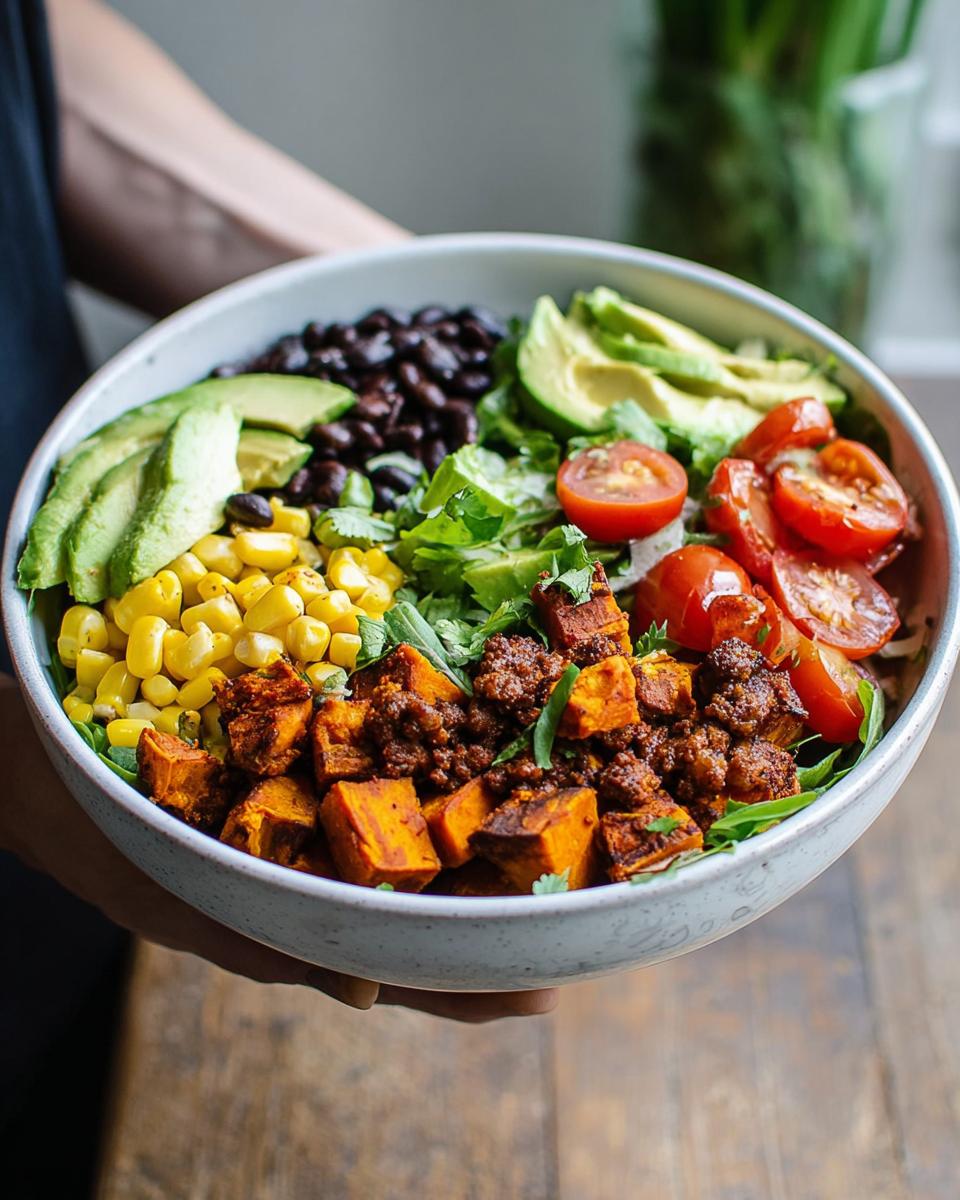 A vibrant Sweet Potato Taco Bowl filled with roasted sweet potatoes, black beans, corn, avocado, tomatoes, and lettuce.