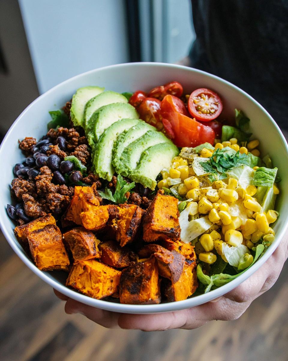 A vibrant Sweet Potato Taco Bowl filled with roasted sweet potatoes, black beans, corn, avocado, and tomatoes.