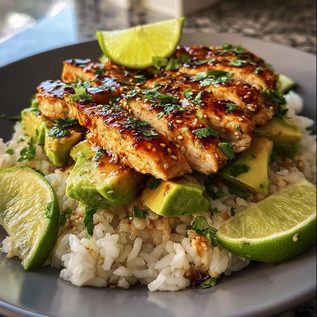 A close-up of Tangy Honey Lime Chicken Delight served over rice with fresh avocado slices and lime wedges.