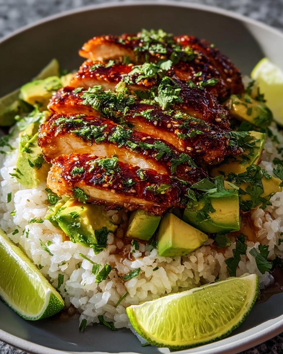 A close-up of Tangy Honey Lime Chicken Delight served over rice with diced avocado and lime wedges, garnished with cilantro.