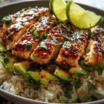 A bowl of Tangy Honey Lime Chicken Delight with sliced chicken, rice, avocado, and lime wedges.