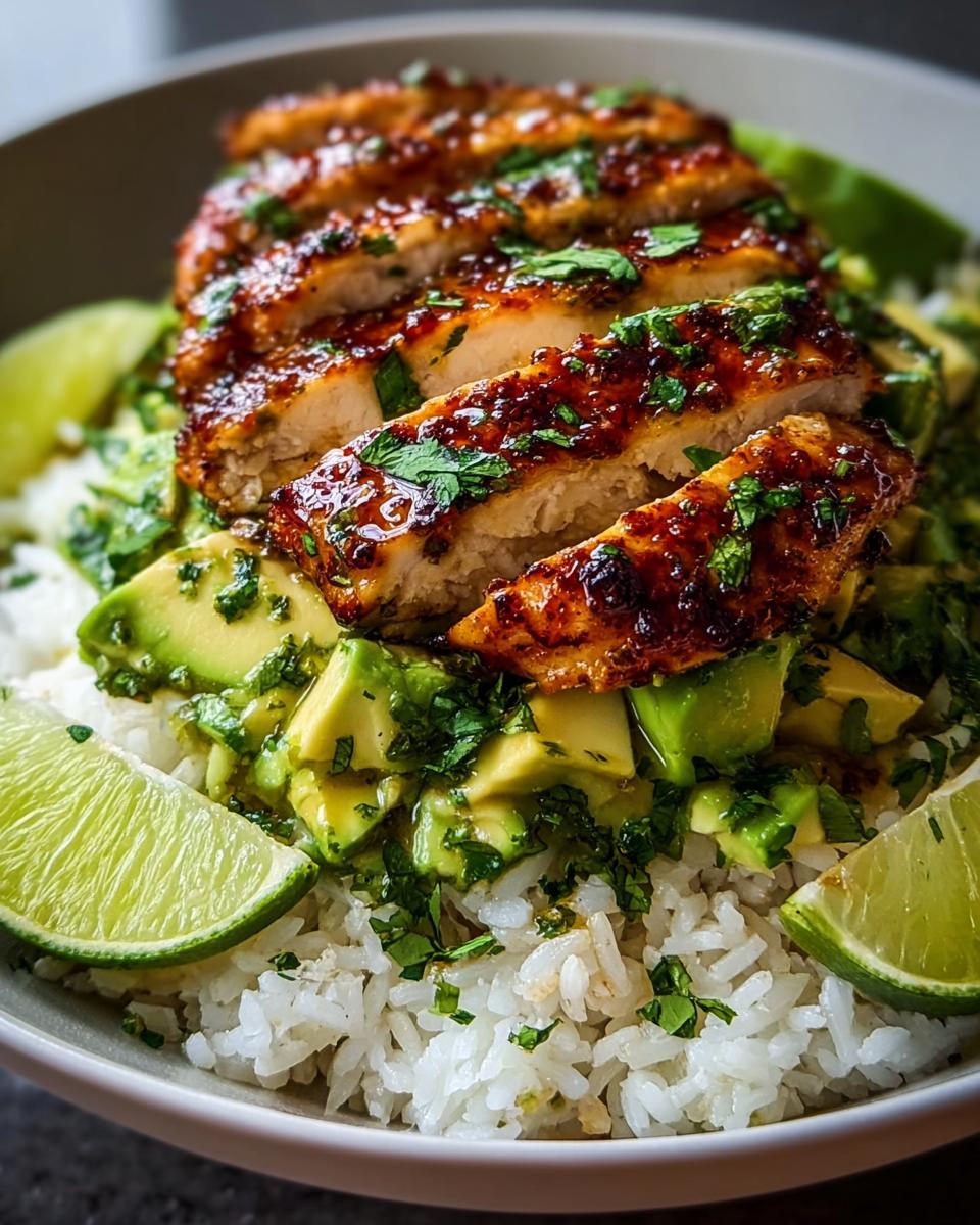 A bowl of Tangy Honey Lime Chicken Delight with sliced chicken, avocado, rice, and lime wedges.