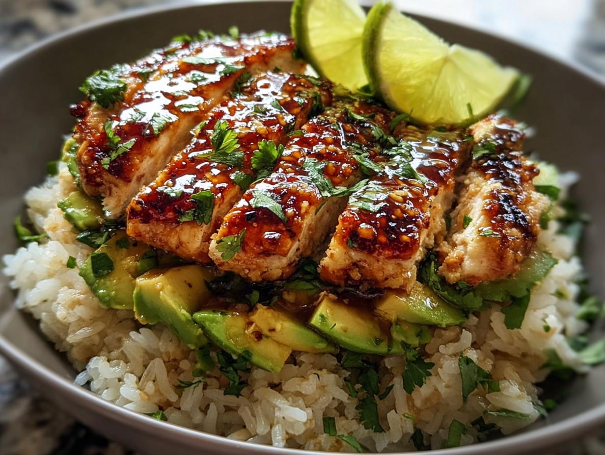 A bowl of Tangy Honey Lime Chicken Delight with sliced chicken, rice, avocado, and lime wedges.