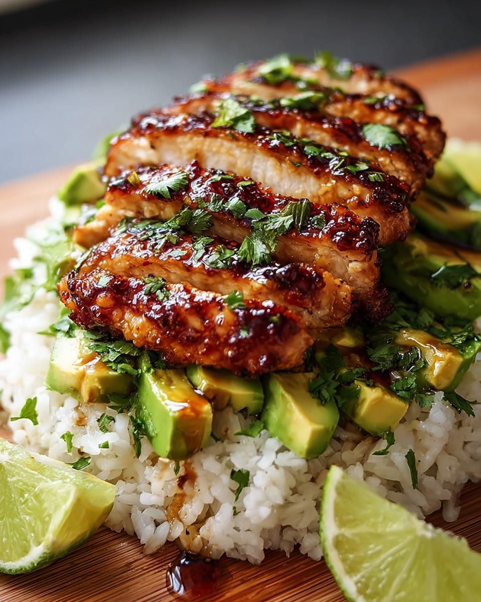 A close-up of Tangy Honey Lime Chicken Delight, sliced and served over rice with avocado and lime wedges.